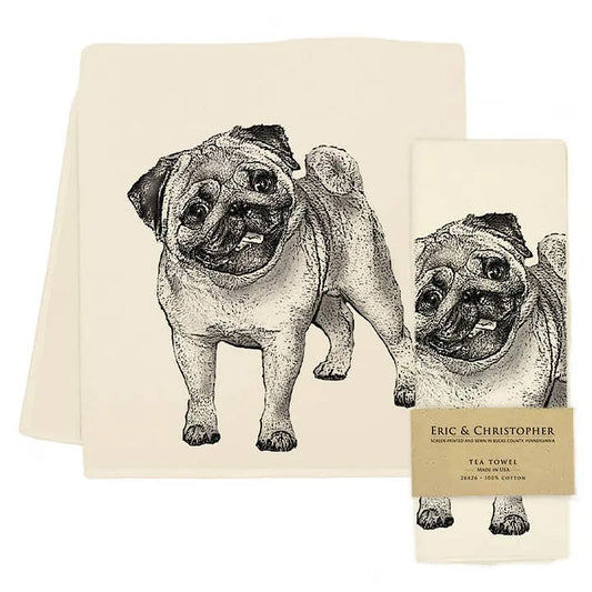 Screen-printed pug tea towel by Eric & Christopher, 100% cotton kitchen decor curated by Pugsley & Co.