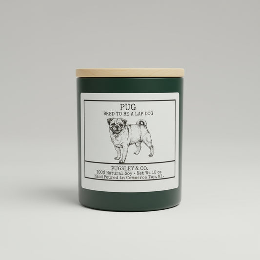 Pugsley & Co. hand-poured soy candle with pug design — 10 oz home fragrance gift.