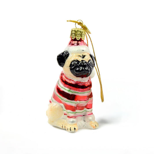 Pugsley & Co. hand-painted pug Christmas ornament wearing a red striped sweater and Santa hat.